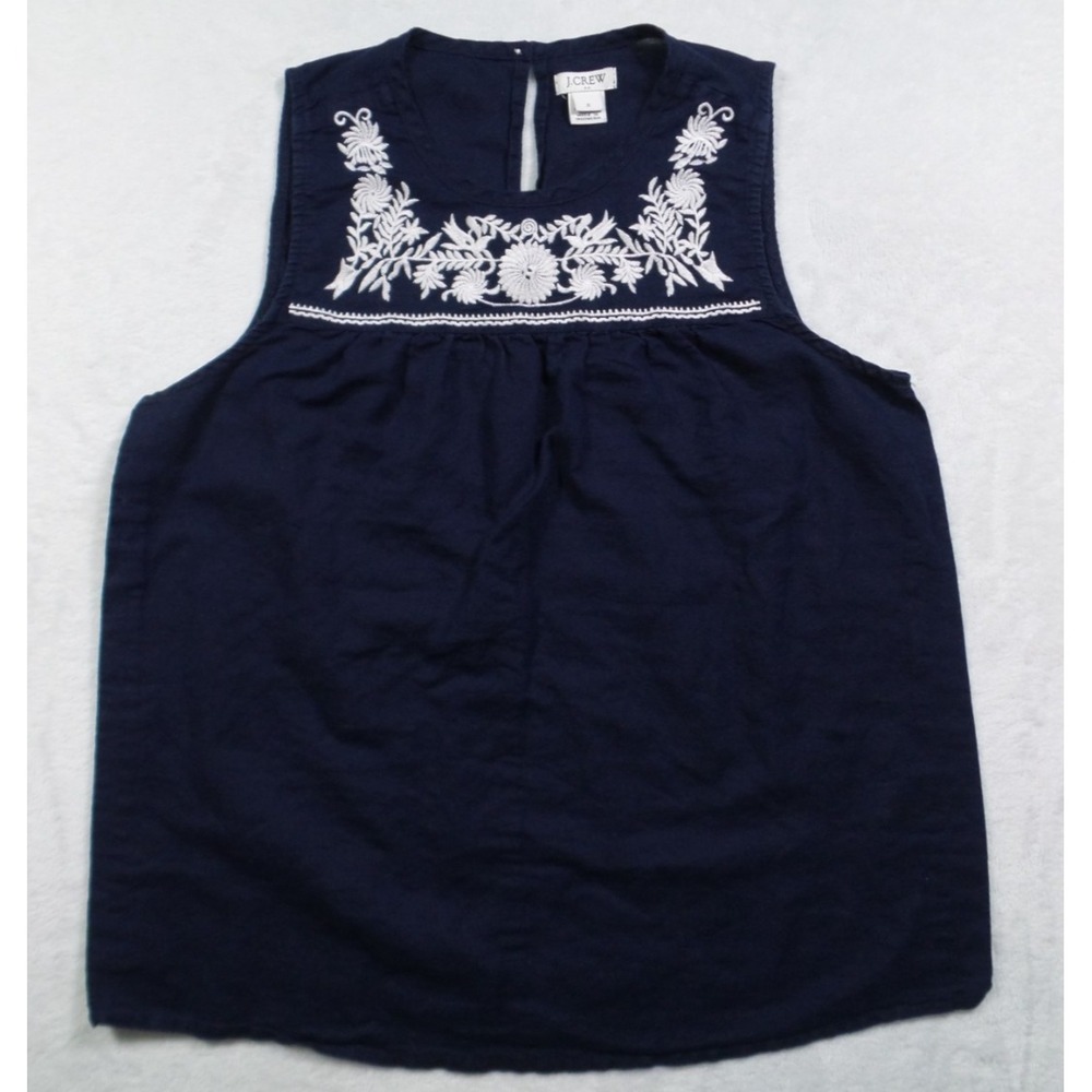 J Crew Top Womens Size 2 Blue Floral Embroidered Sleeveless Pullover Linen Blend